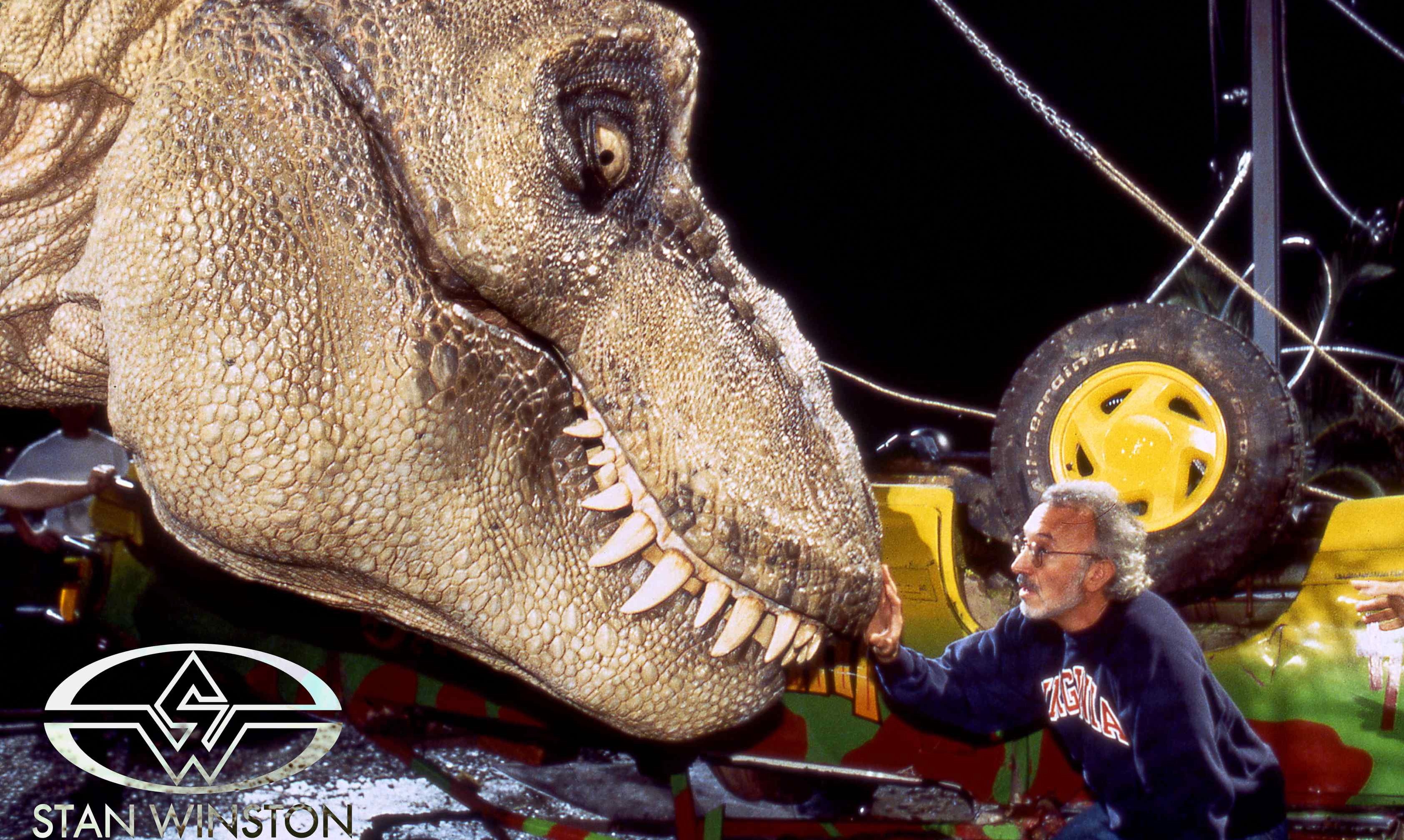 The legendary Stan Winston inspecting the T-Rex animatronic head. Stan Winton Studios was responsible for bringing the dinosaurs to life.