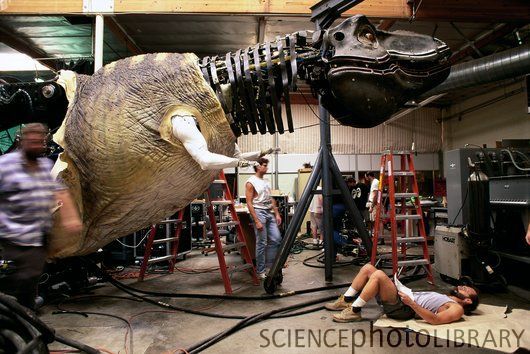 The steel animatronic T-Rex skeleton before the foam rubber skin was added to the creature.