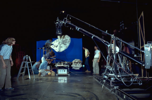 The Millennium Falcon shot against blue screen with the Dykstraflex camera system.